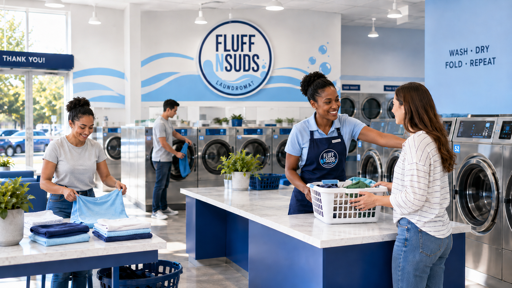 A bright, modern laundromat interior